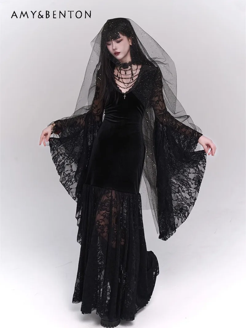 

2025 New Japanese Gothic Black Skirt Subculture Wear Dark Waist Thin Hollow Dress For Women