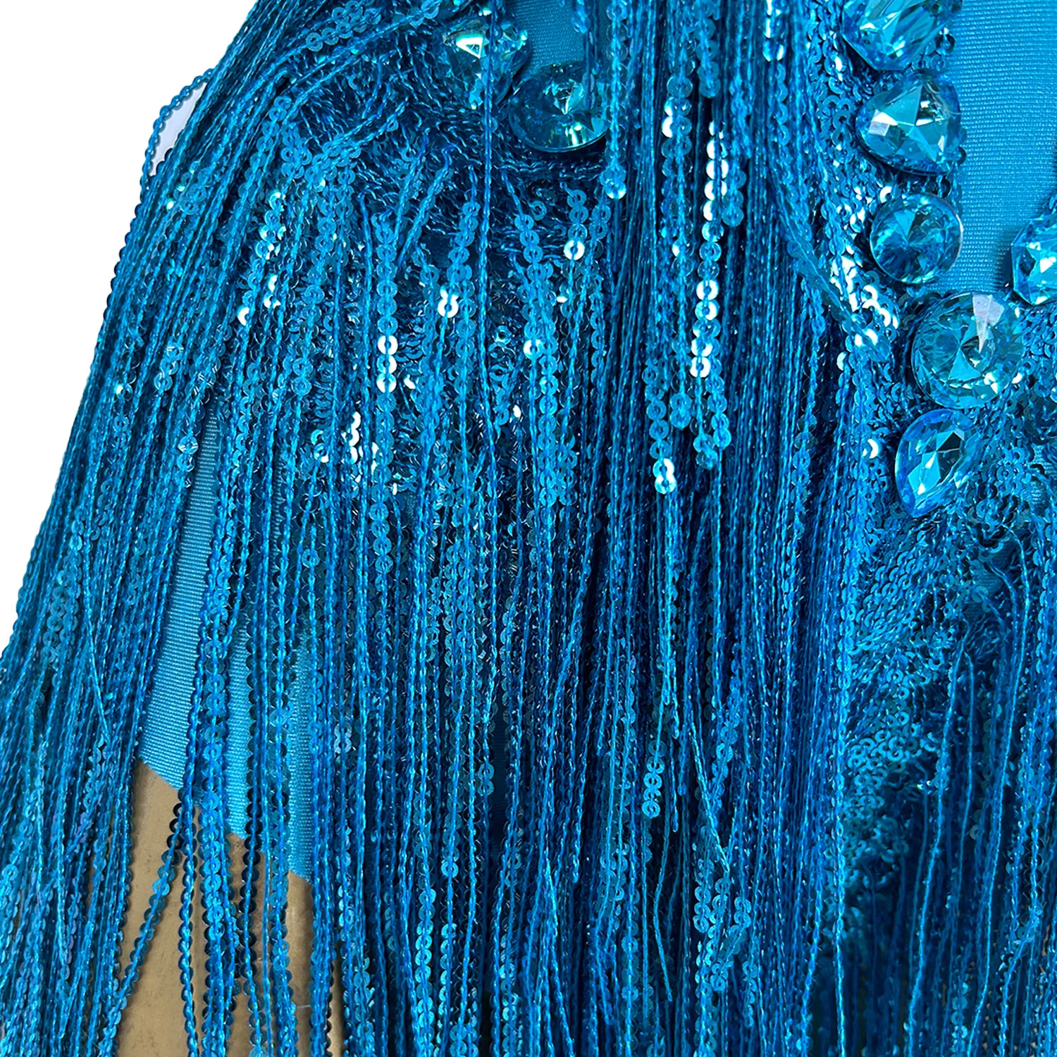 Shuye Lake Blue Fringed Latin Dance Talent Performance Suit Female Group Backing Dance Leotard Nightclub Performance Jumpsuit