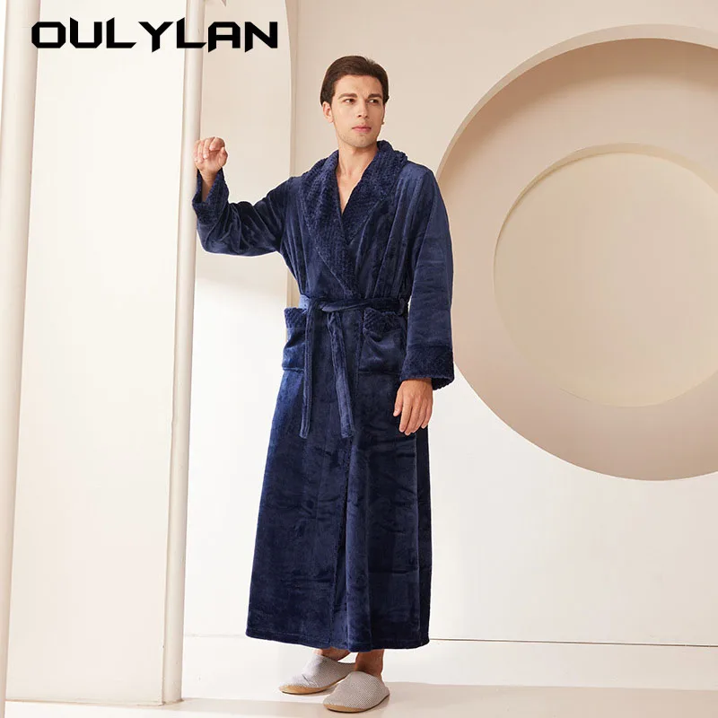 Autumn and Winter Warm Thick Couple Bath Bathrobes Men Women Pajamas Winter Lengthened Plush Solid Color Home Clothes Long Coat