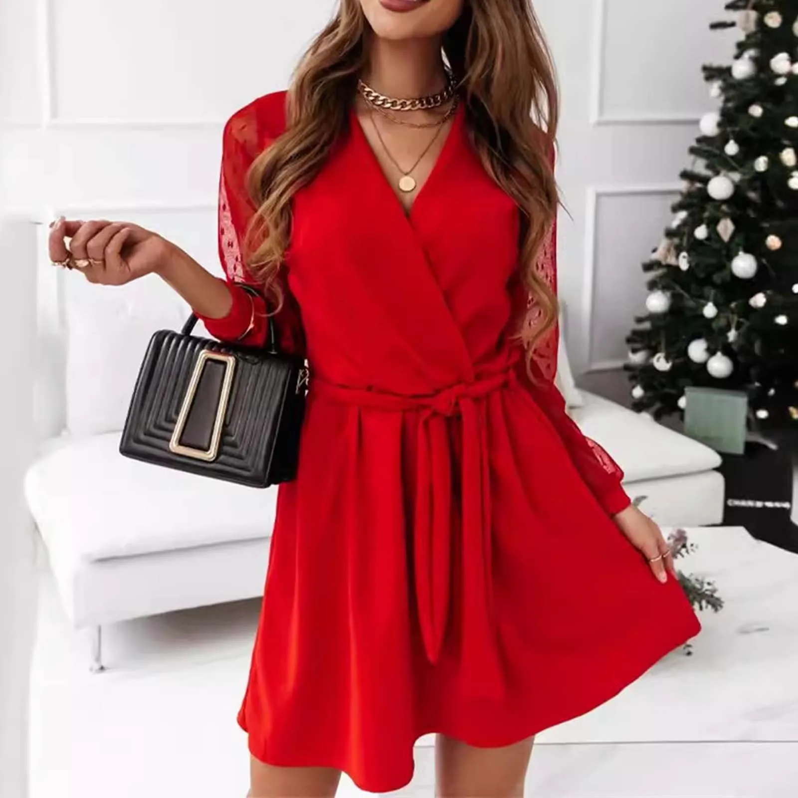 

New Lace Patchwork Long Sleeved V-Neck Dress Elegant Women'S Long Sleeve Green Red Autumn Winter Sexy Party Dresses Y2k Vestido