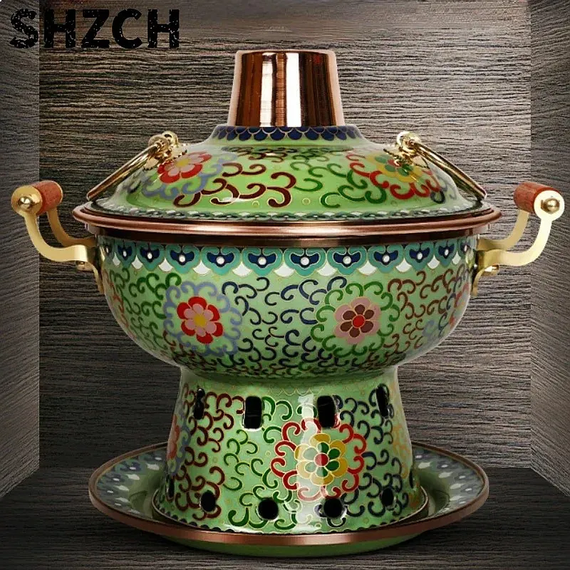 Small Cloisonne Copper Chafing Dish Elegant Enamel Hot Pot Alcohol Cookware