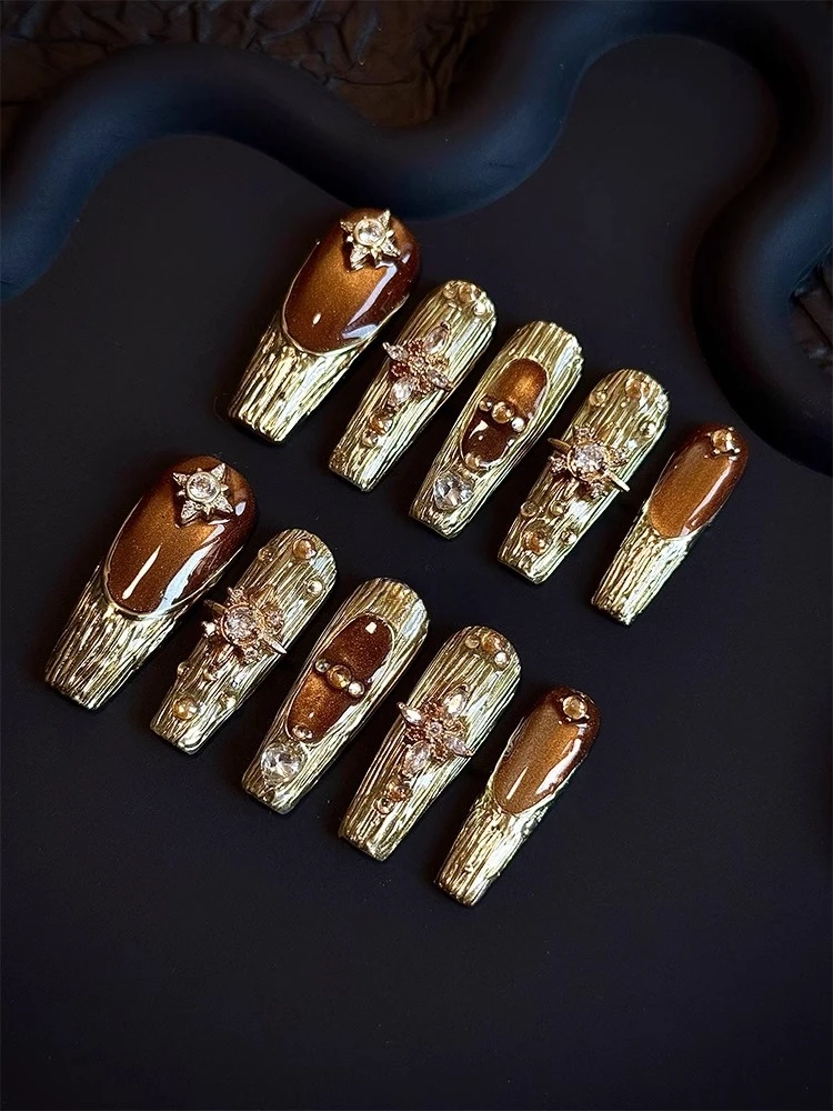 

C + Phantom of the Opera, Nail Art Wear Nail Heavy Industry Zircon Maillard Cat's Eye Handmade Golden Brown Nail Piece