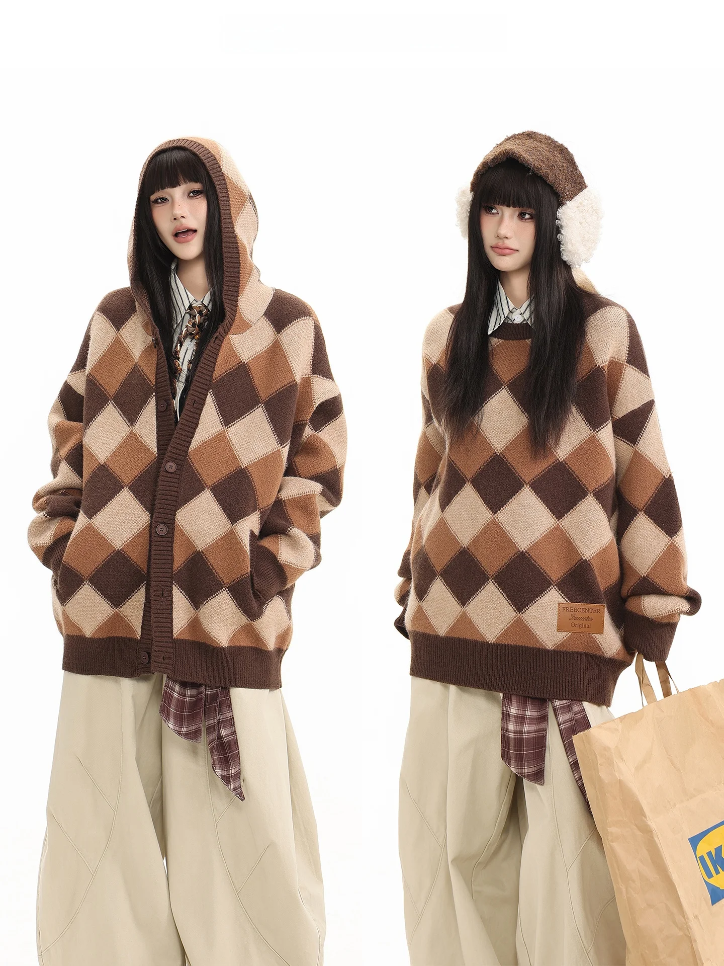 

Мужской теплый свитер Freecenter Heavyweight Diamond Plaid Knitwear: свободный крой, осенне-зимний, винтажный уличный стиль, с длинным рукавом