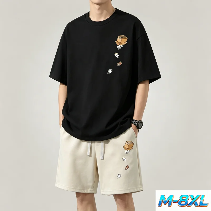 Daily Casual Loose Large Size M-8XL Set Cat Print T Shirt Drawstring Shorts Unisex Couple Style - Image 5