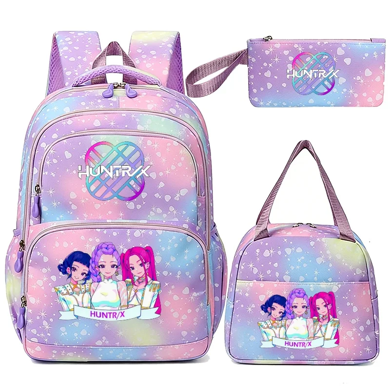 Mochilas KPop Demon Hunters Rumi Mira Zoey HUNTR/X Saja para Meninos, Mochila Escolar Fofa com Lancheira e Estojo para Canetas