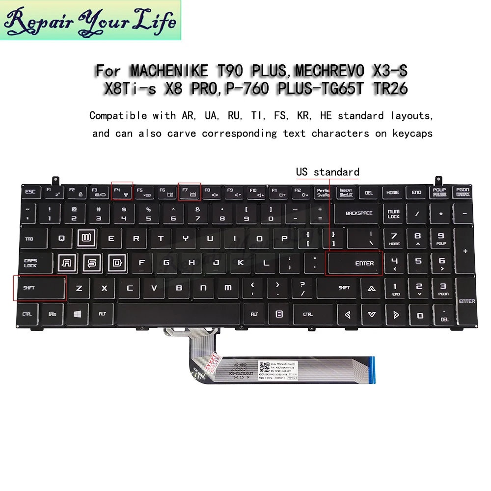 US Backlit Keyboard for Mechanician T90 PLUS-TG65T, MACHENIKE T90 Plus-TR26 RGB Light Keyboards METRG5ACT1-4404 TFM14G53USJ852B