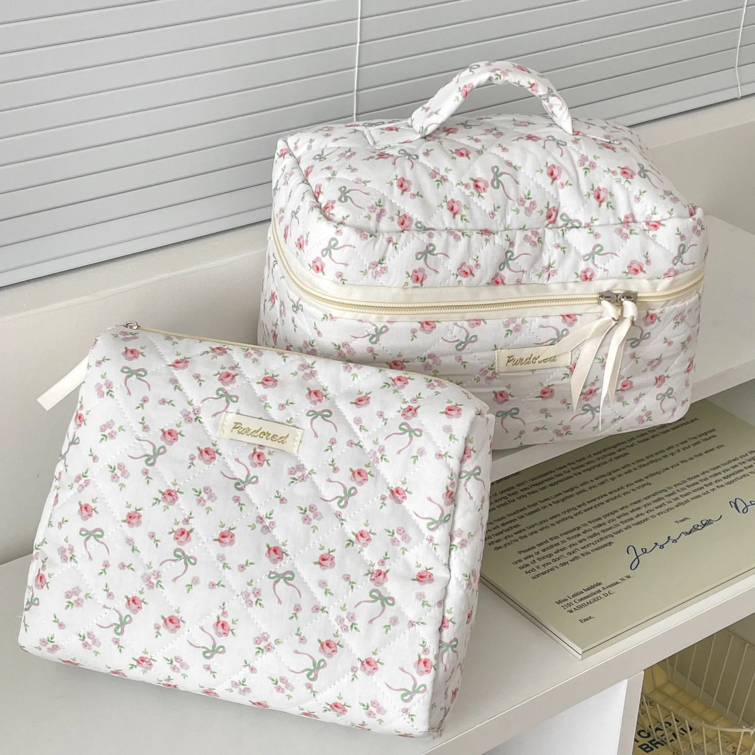 Cute Rose Bow Women Makeup Storage Bag Portable Cosmetic Toiletry Organizer Pouch Large Capacity Tote Mini Clutch Bag Handbag