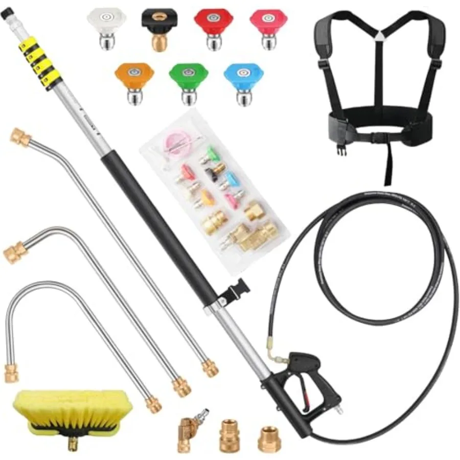 

Gutter cleaning tools for 2-story house: telescoping pressure washer wand extension aluminum alloy black 24 ft reach with brush