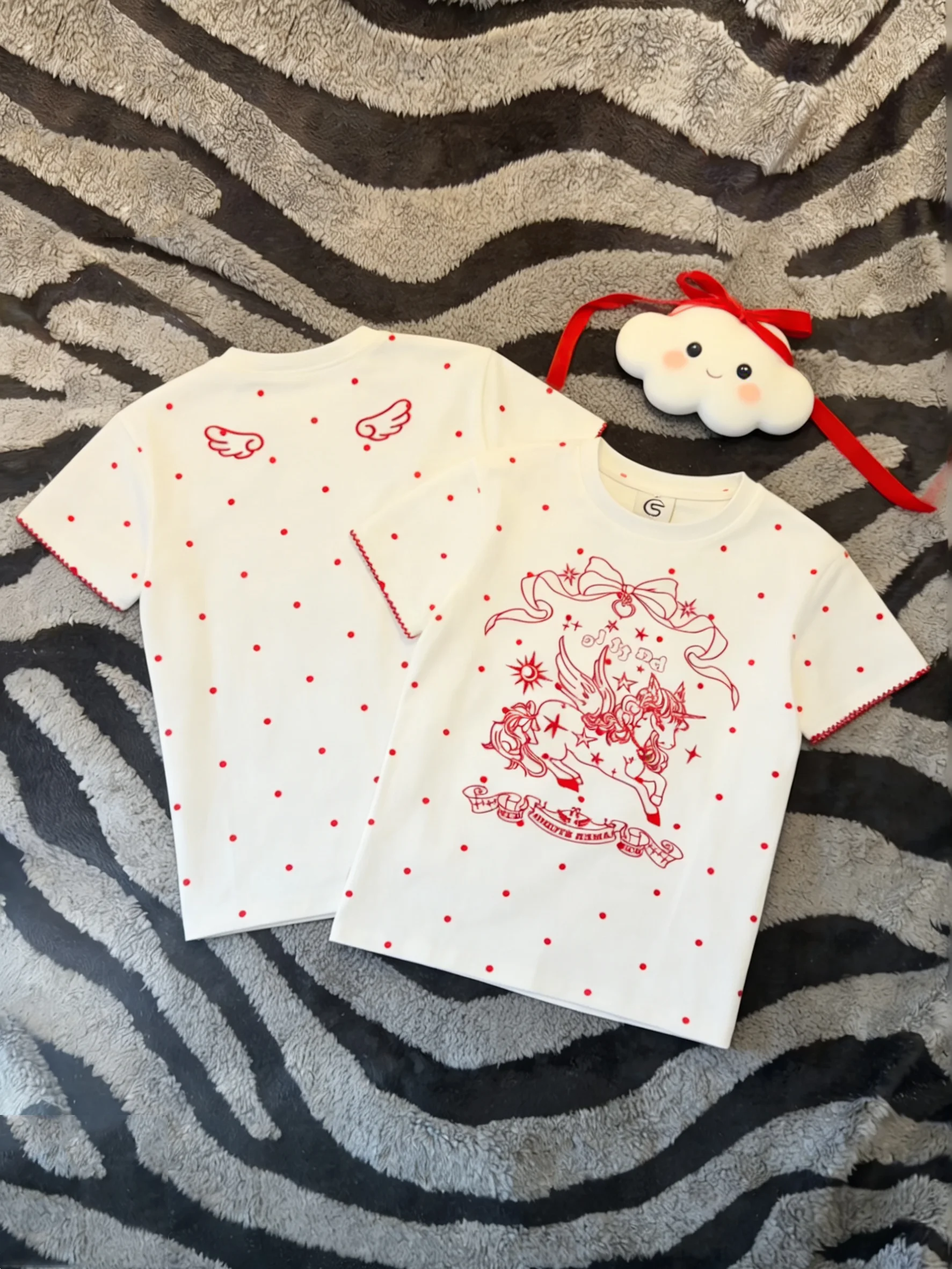 

Sweet Style Embroidered Pure Cotton Short Sleeve T-Shirt Women's Slim Fit Waist Cinching Summer Top Unicorn Polka Dot Design