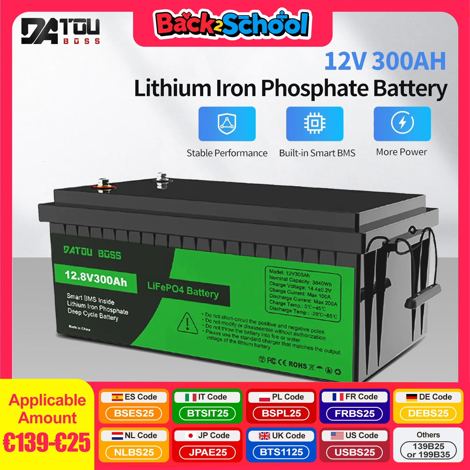 Generatore solare ricaricabile con batteria al litio DATOUBOSS 12V100A200A300A LiFePO4 con sistema di accumulo solare BMS Ciclo profondo