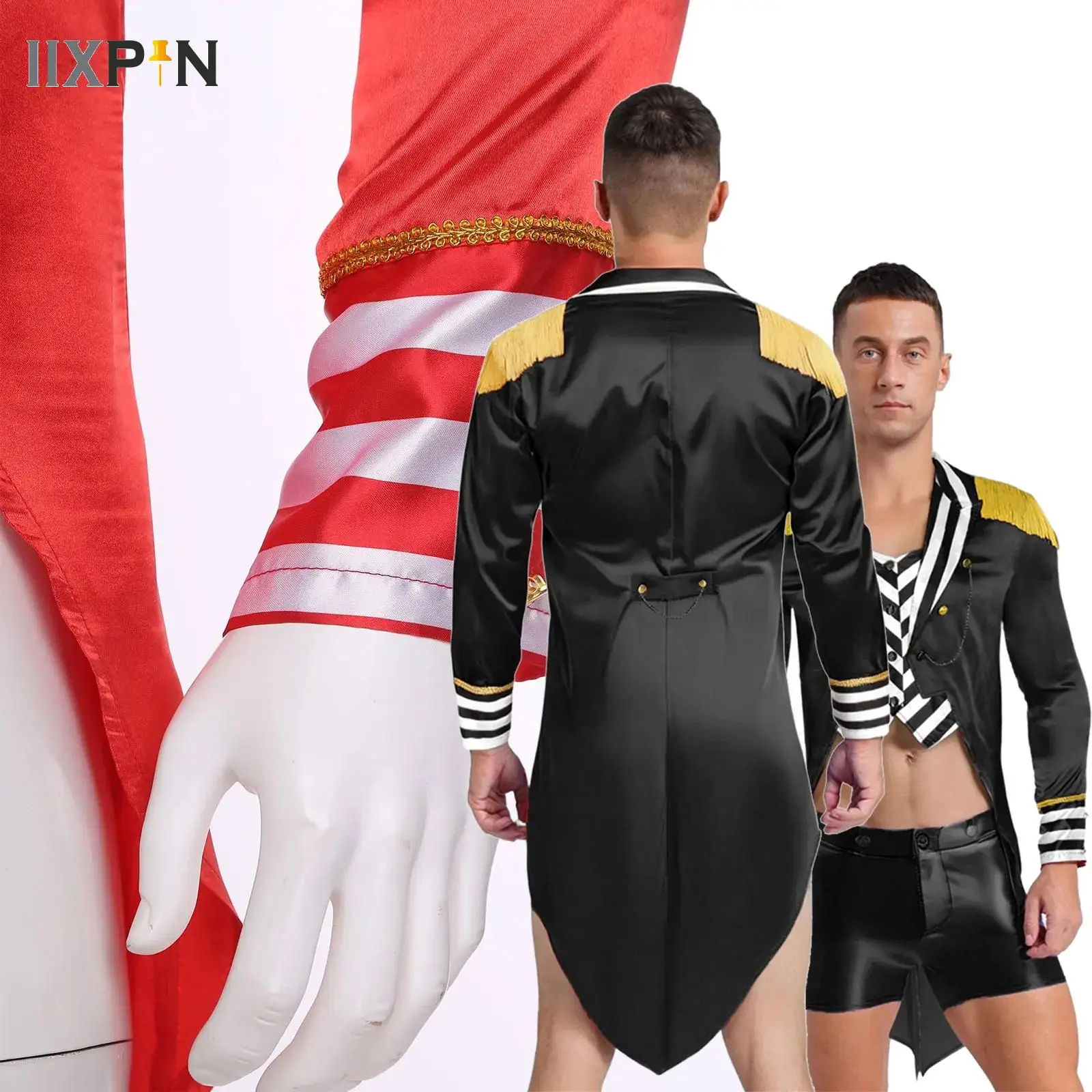 

Mens Circus Ringmaster Cosplay Satin Tail Coat Halloween Performance Tailcoat Costume Fancy Dress Up Fringe Shoulder Trench Coat