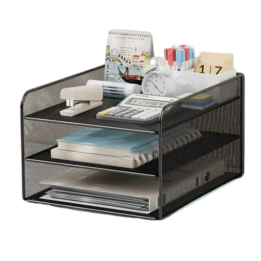 Desktop File Organizer Capacity Metal Mesh Desk Organizer with Three Layer Design Multifunctional File Holder Paper Storage Rack