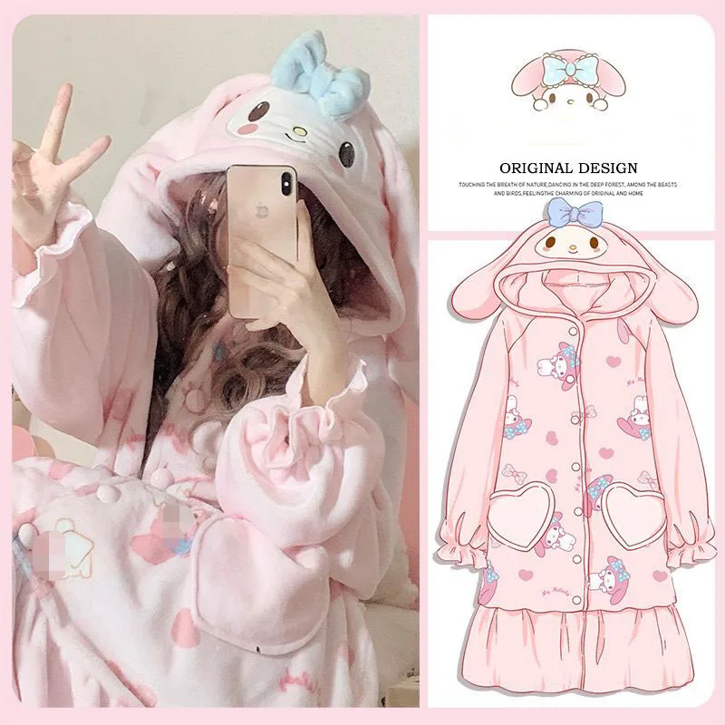 2023 Kawai My Melody Anime Sanrio Two-piece Dressing Gown Set Autumn And Winter Coral Velvet Thickened Couple Loungewear Pajamas