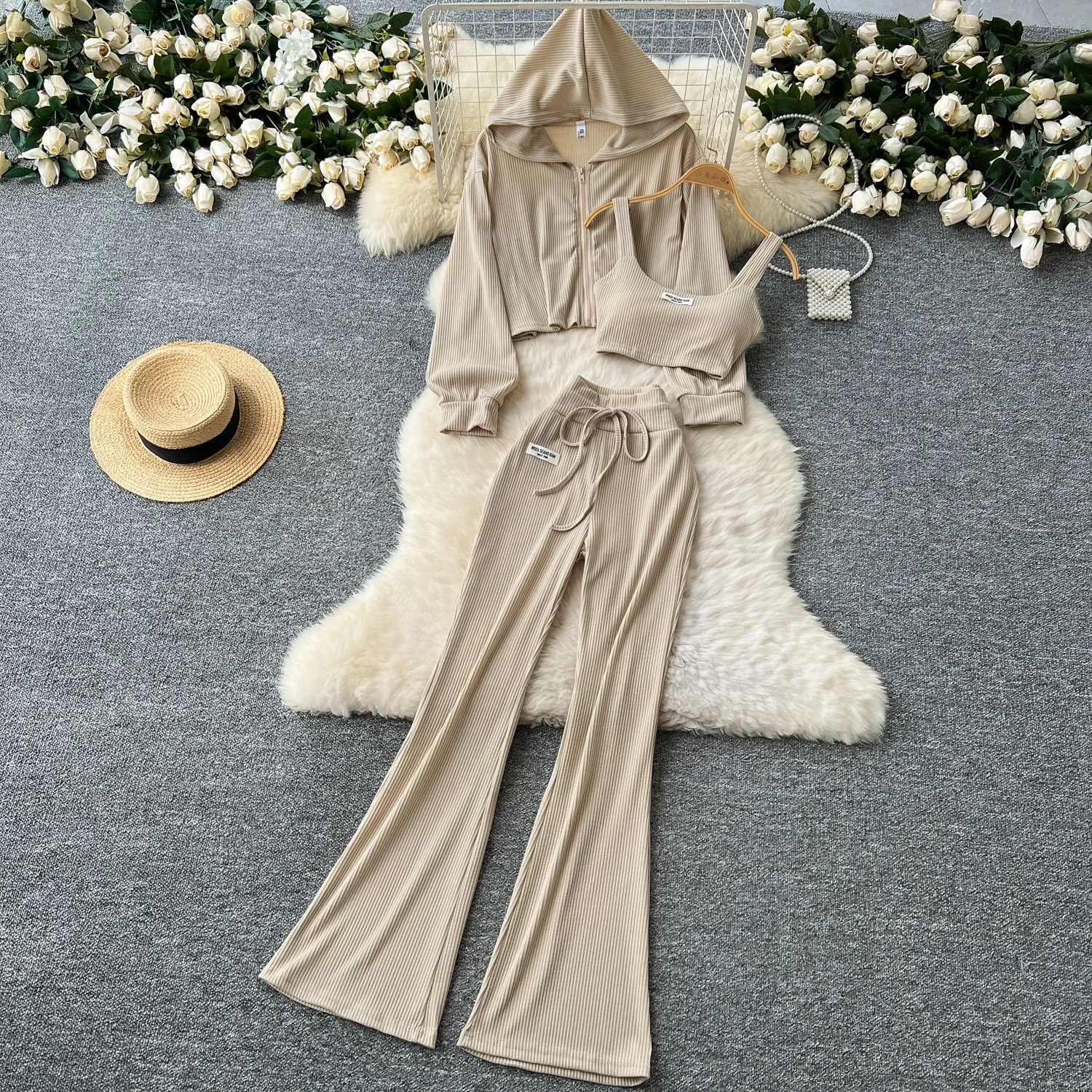 Chic Women Three-Piece Sets Straps Camis Top Slim Hooded Long Sleeve Zipper Coat High Waist Flare Pants Fashion Winter Clothing