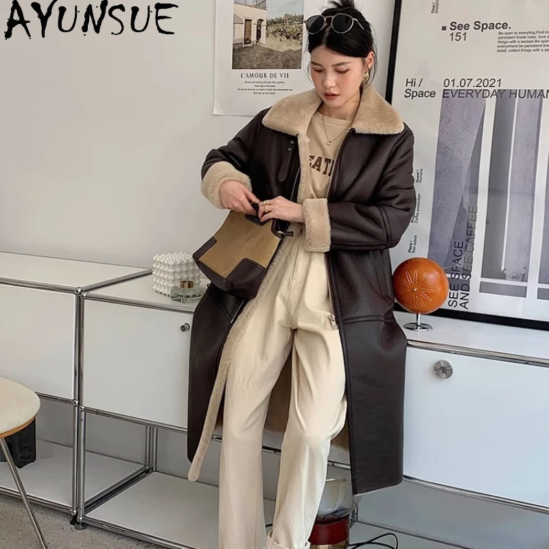 معطف فرو الأغنام ميرينو الطبيعي من AYUNSUE سترة نسائية من الجلد الطبيعي 2025 معاطف نسائية دافئة ملابس شتوية متوسطة الطول شوبانا Жеenca #1