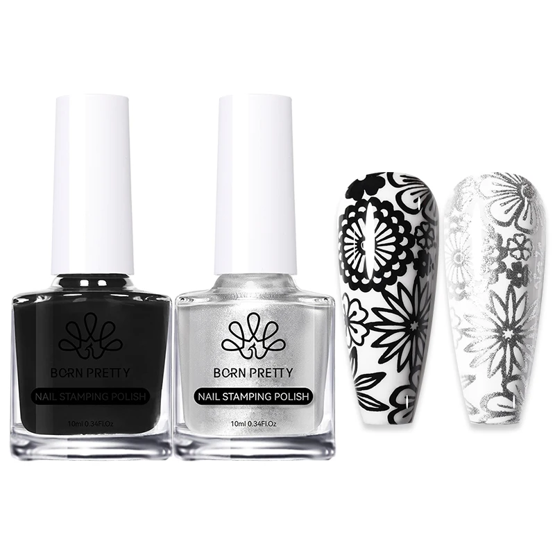 BORN PRETTY 2 Teile/satz 10ML Schwarz Weiß Nagel Stempeln Polnisch Lack Gold Silber für Nail art Platten Stempel Öl stanzen Serie