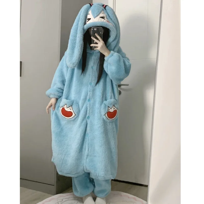 Anime Print Soft Plush Pajamas Suit Kawaii Coral Fleece Hooded Night Robe Long Pants Two Pieces Set For Women Plus Size Homewear