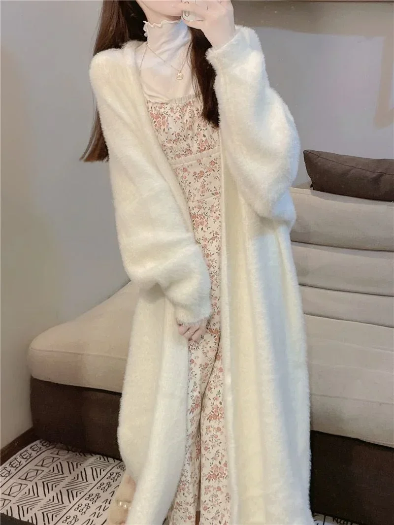 Warm Knitted Sweater Womens Faux Mink Cashmere Cardigan Loose Pull Femme Bat Sleeve Long Coat Thickness Clothes Outwear X1097