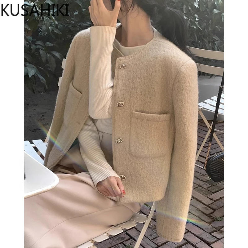 KUSAHIKI Korean Autumn Elegant Style Round Neck Chic Single Breasted Double Pocket Versatile Long Sleeved Woolen Coat for Women