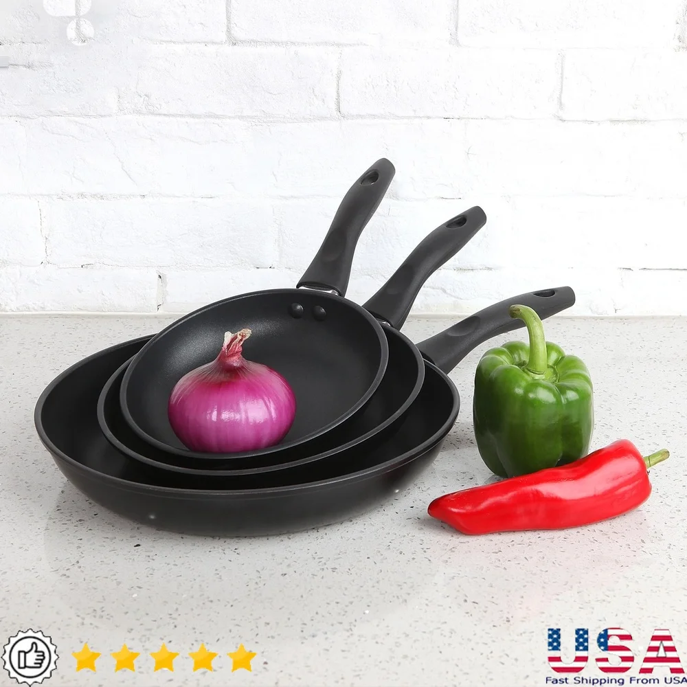 Juego de sartén de aluminio antiadherente de 3 piezas, sartenes ligeras, apto para lavavajillas, fácil limpieza, manijas CoolTouch, utensilios de cocina versátiles