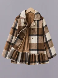 Autunno e inverno bambini ragazze moda bavero plaid bottone manica lunga patchwork gonna piccola e cappotto di lana caldo cashmere