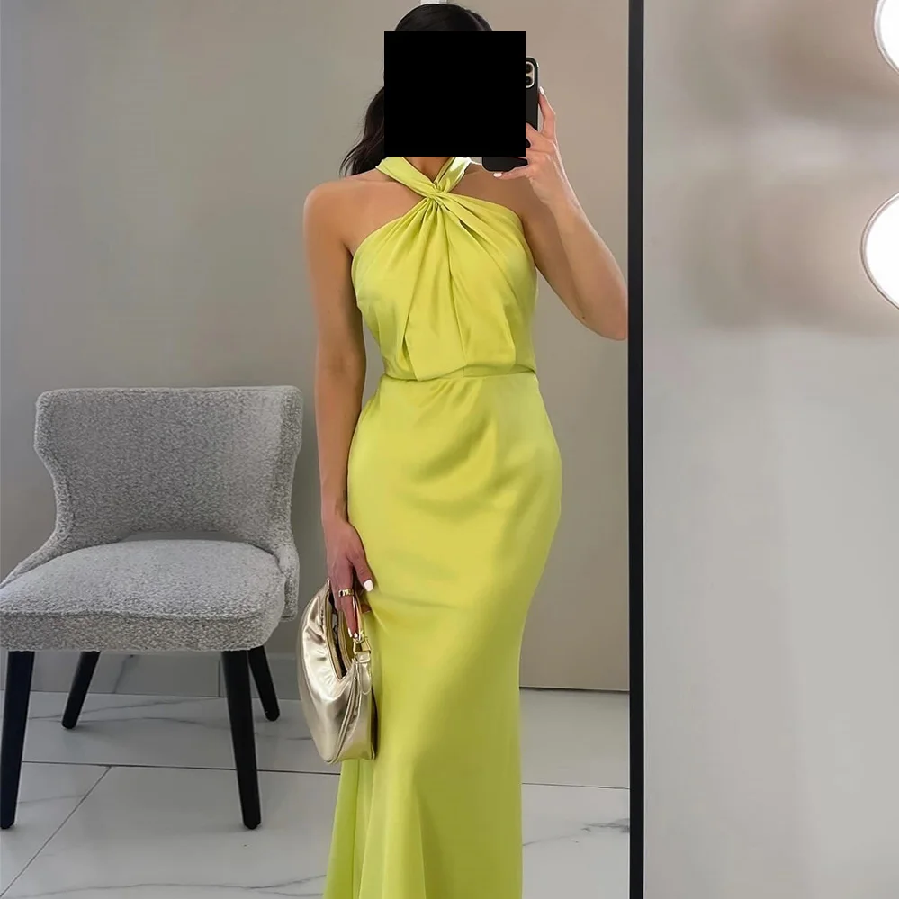 

Elegant Straight Floor Length Halter Jersey Sleeveless Solid Color Classic Evening Dress Sweep Train Pleats Backless Dubai 2024