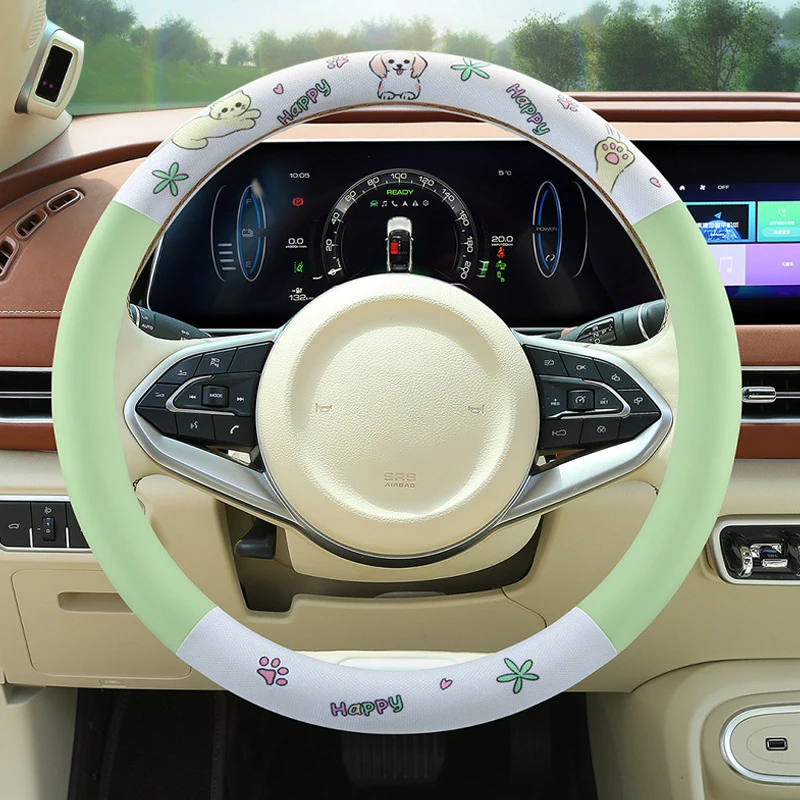 

Cute Cartoon Steering Wheel Cover Leather and Breathable Mesh Cute Car Handlebar Cover One Piece Universal Steering Wheel Parts