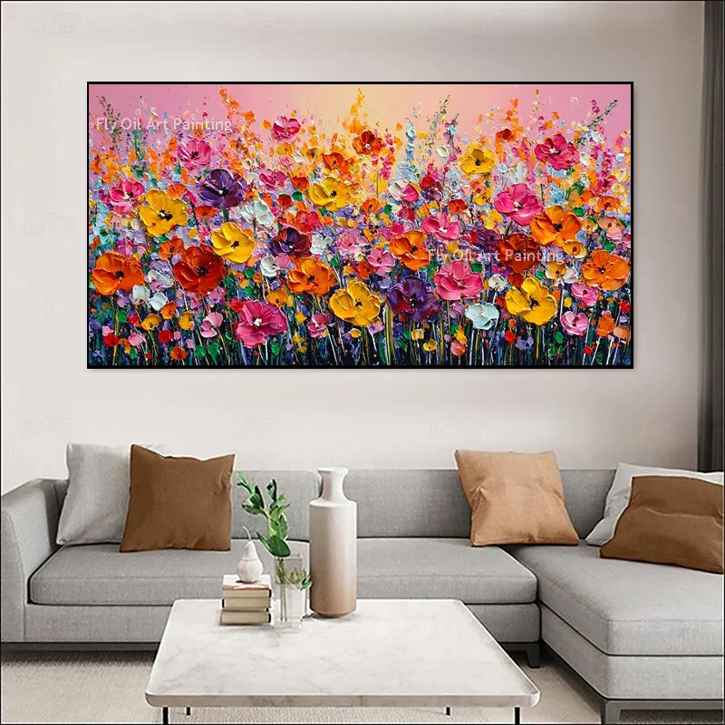 Bright Mixed Spring Wildflower Canvas Artwork, Handmade Heavy 3D Thick Texture Oil Art for Cheerful Modern Home Decor