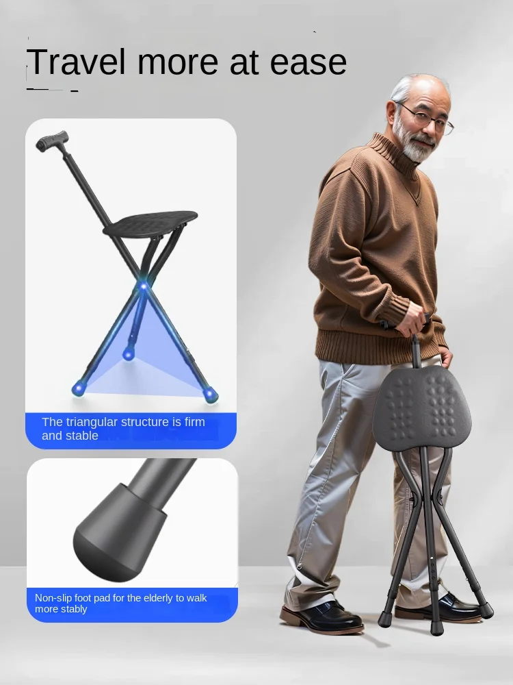 Lo sgabello della stampella il deambulatore antiscivolo per anziani pieghevole e portatile sit on The dual-purpose cane chair walking aid con sedile