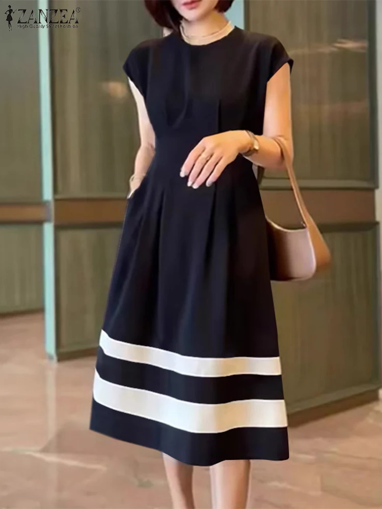 

ZANZEA 2024 Summer Holiday Cap Sleeve Waisted Robe Women Pleating Midi Dress Casual Colorblock Solid Sundress Round Neck Dresses