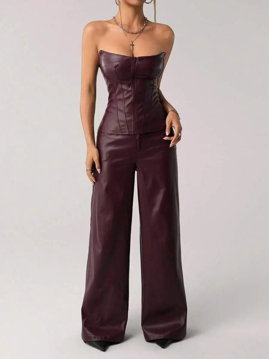 

Комплект из 2 предметов: топ-корсет без бретелек из искусственной кожи и брюки с широкими штанинами