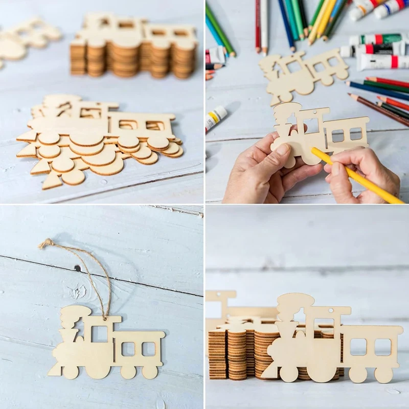 Tren de madera sin terminar, adornos en forma de tren, rebanadas de madera en blanco para manualidades DIY, decoración para fiestas navideñas, 50 piezas