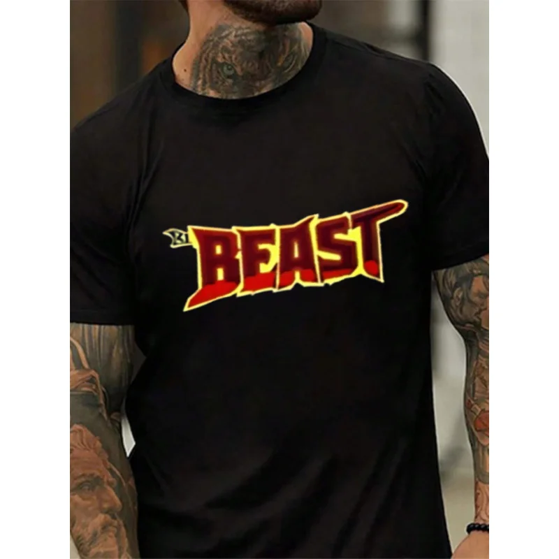 تي شيرت رجالي أبيض BEAST مطبوع عليه نمط ونص قطن عالي الجودة 180 جرام #2