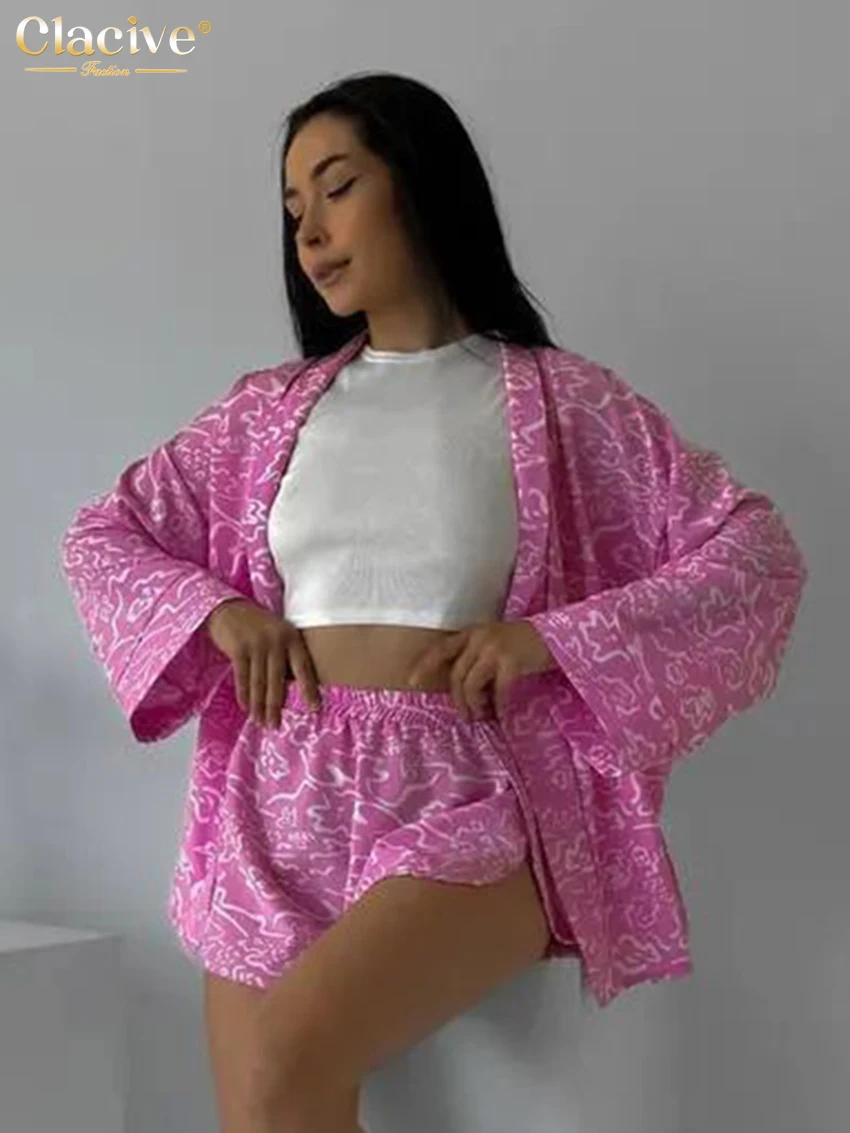 Clacive Fashion Loose Print Shorts Sets For Women 2 Pieces 2025 Elegant Long Sleeve Robes With High Waist Shorts Set Female