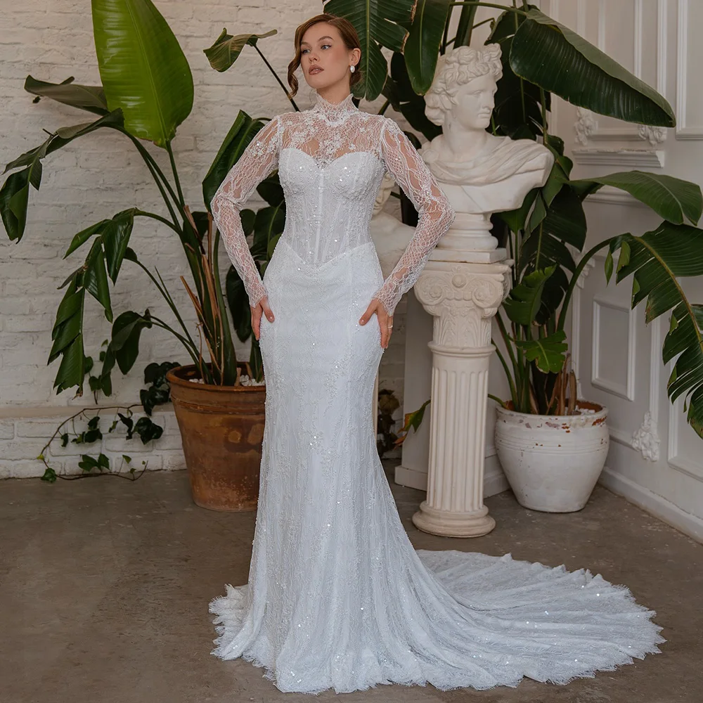 

Modern Customized High Collar Vestido De Novia Charming Lace Mermaid Wedding Dress Elegant Long Sleeves Appliques Robe de mariée