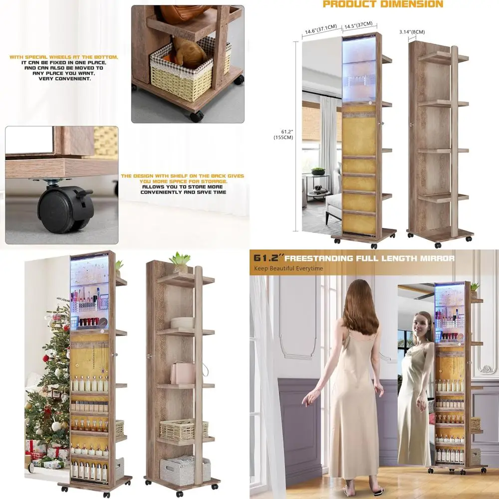 

Напольный шкаф для ювелирных изделий 360° ° Вращающееся зеркало, 3-цветная регулировка яркости, большая вместимость, боковое зеркало, 4 ролика, задняя стойка