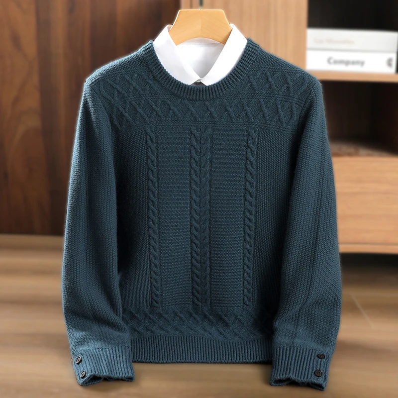 100% Pure Cashmere Sweater Men\'s O-neck High-End Pullover Long Sleeve Thick Knit Sweater Full Body Computer Jacquard Top Winter