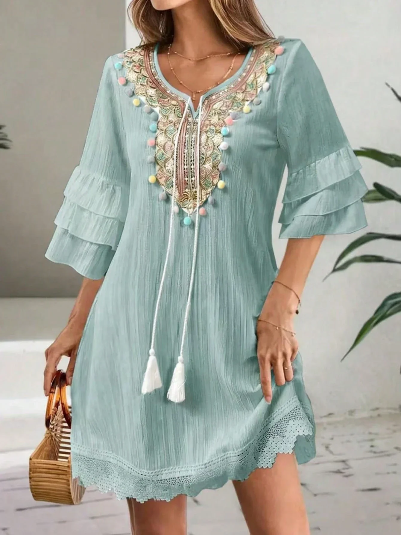 

Women Embroidered V-Neck Beach Dress With Tassel Ruffle Sleeve Summer