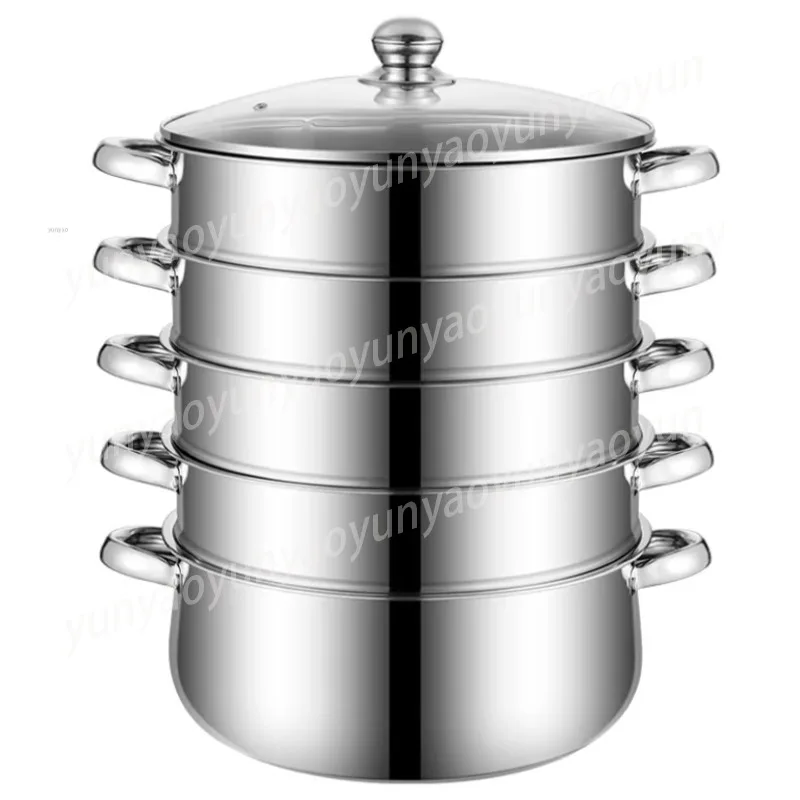 Large Capacity 4-Layer Steamer Pot, Commercial Grade Stainless Steel with Thick Bottom for Restaurant and Home Kitchen