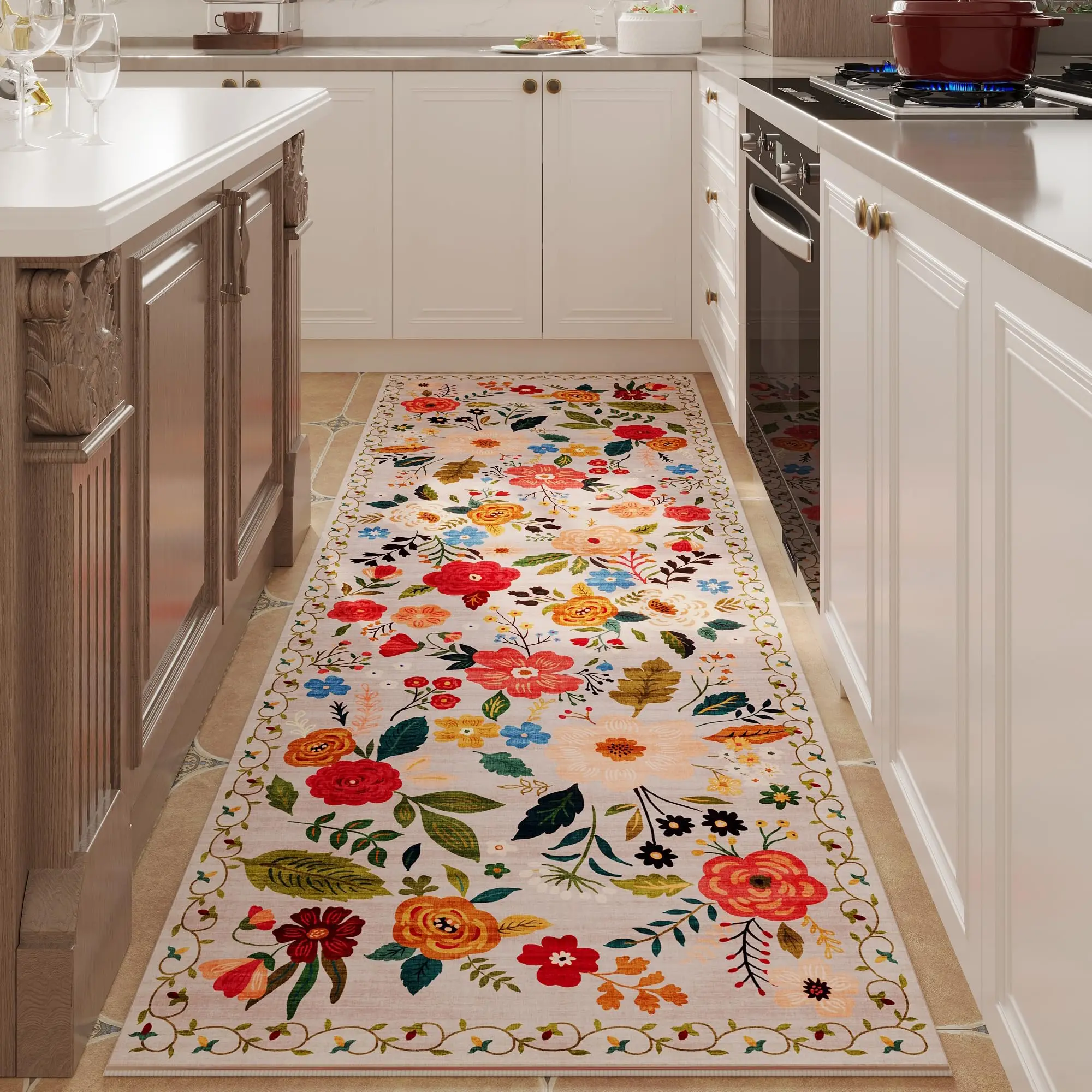 VIKAMA Runner Rug for Hallways Kitchen Non Slip Machine Washable Carpets with Rubber Backing Soft Floral Rugs for Kitchen Decor
