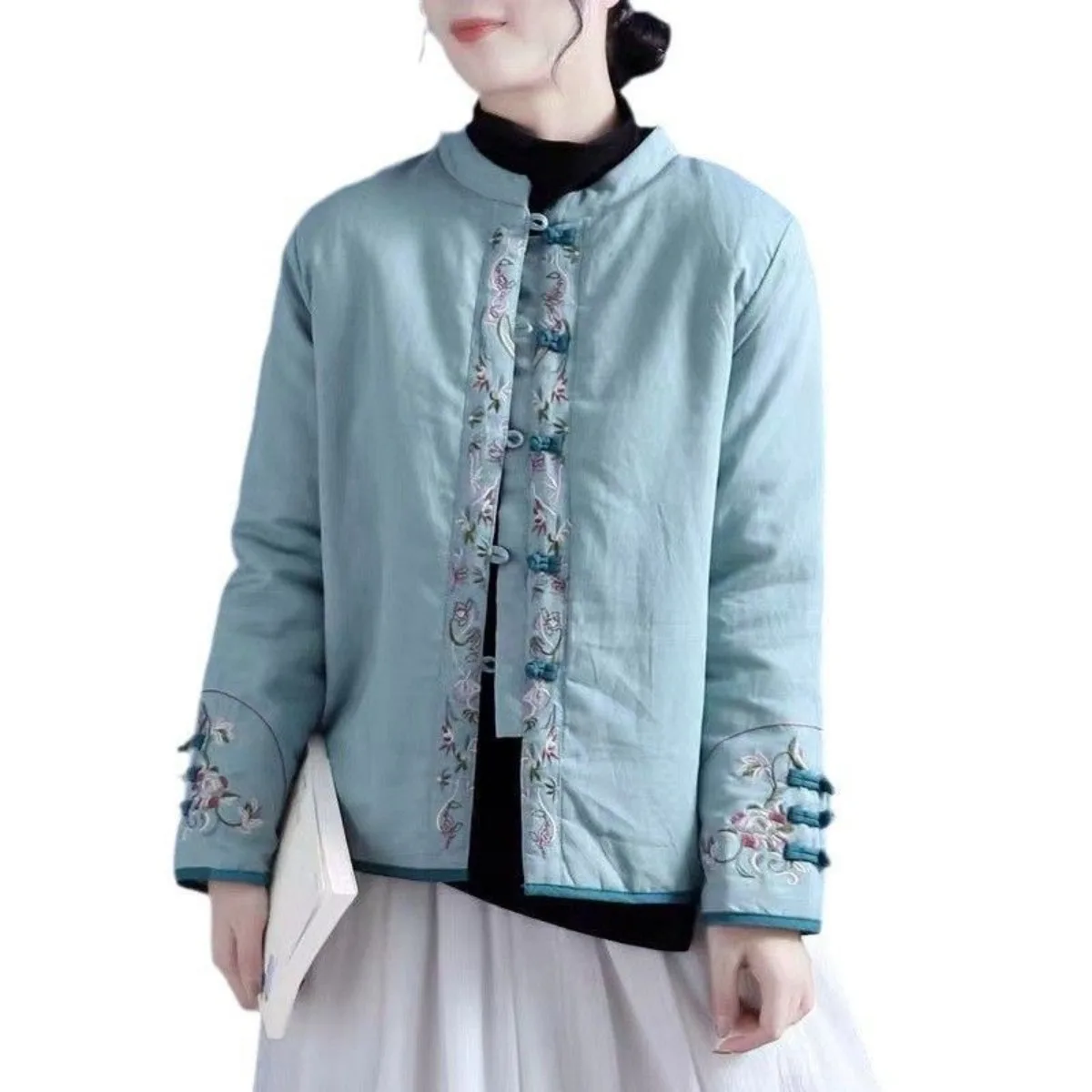 Retro Chinese Style Cotton Linen Padded Jacket Women Winter Embroidered Frog Button Stand Collar Open Front Coat