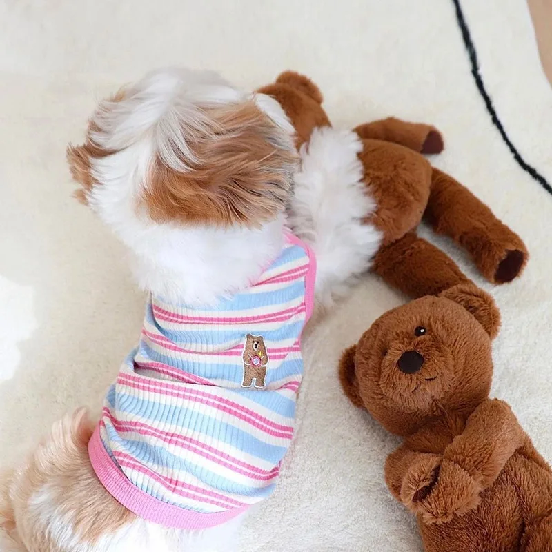 Pet Dog Vest Puppy Clothes Summer Cotton Bear Print T-Shirt Striped Dog Shirt Girls Dog Costume Chihuahua Korean Style Clothing