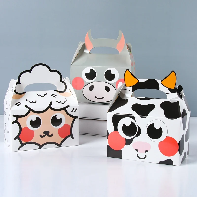 8pcs Farm Theme Paper Candy Cake Cookie Gift Box Cartoon Animal Packaging Bag With Handle Birthday Wedding Decor Party Supplies