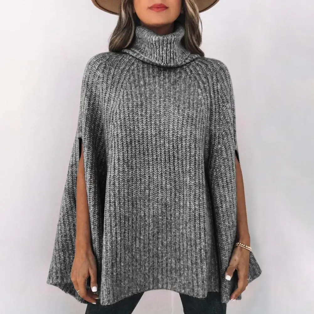 Women Sweater Solid Color Turtleneck Batwing Sleeve Loose Streetwear Autumn Winter Slit Knitted Cape Sweater Women Clothing 니트