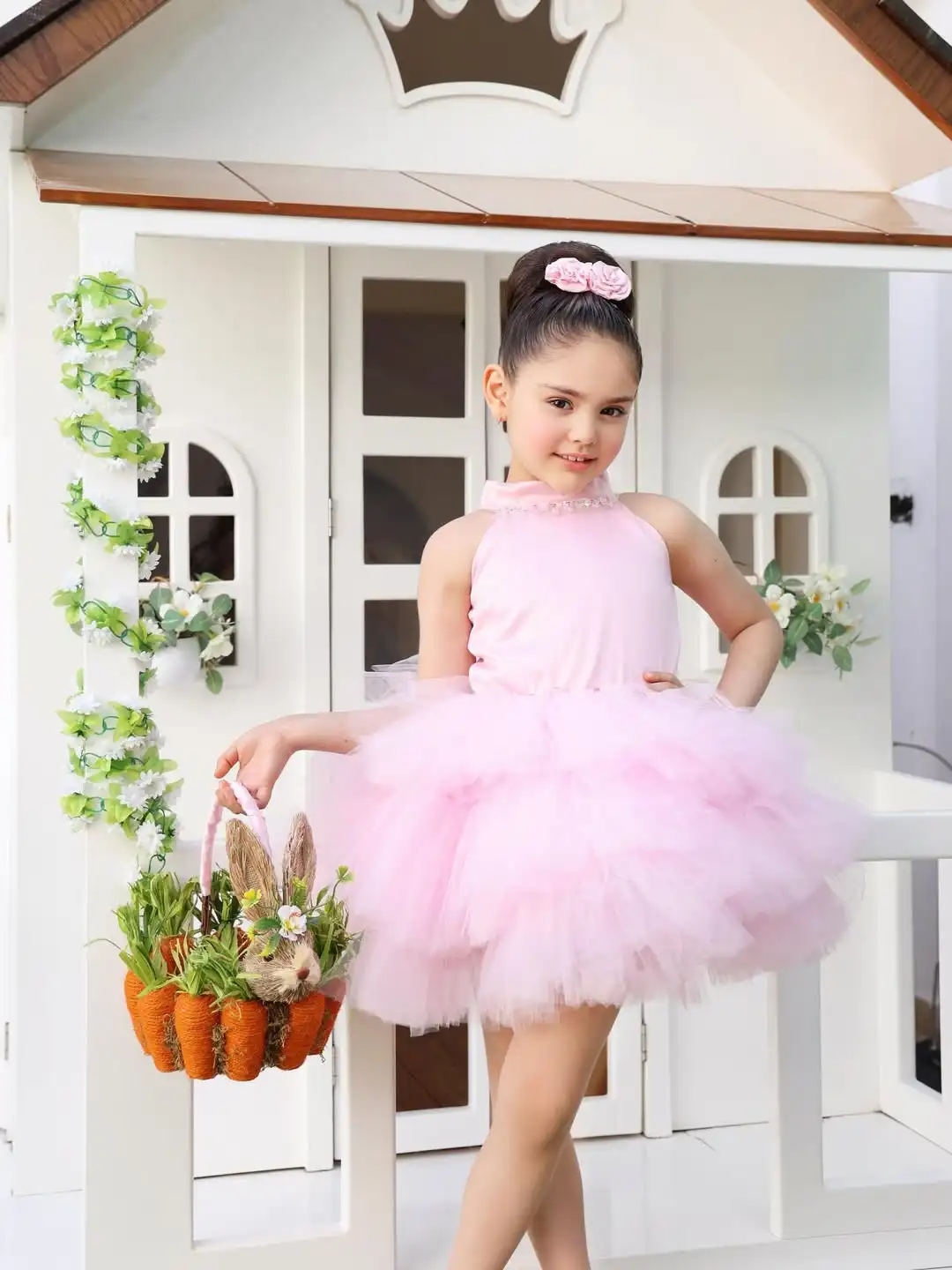 Princess Pink Custom Flower Girl Dress for Wedding Halter Tulle Knee Lenght Kids Birthday Party Gowns First Communion Gowns