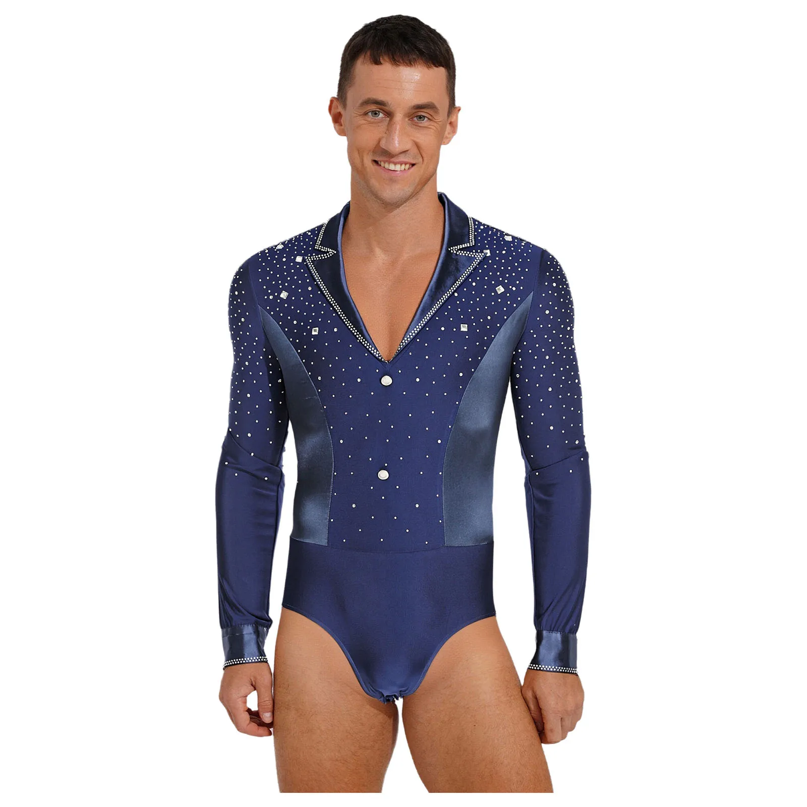

Men Latin Tango Dance Bodysuit Glittery Rhinestone Long Sleeve Lyrical Dance Leotard for Waltz Ballroom Dance Performance Outfit