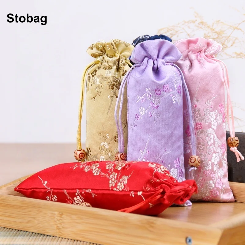 

StoBag 20pcs Chinese Long Cotton Drawstring Bag Flower Cloth Gift Jewelry Packaging Storage Bundle Pocket Reusable Pouches