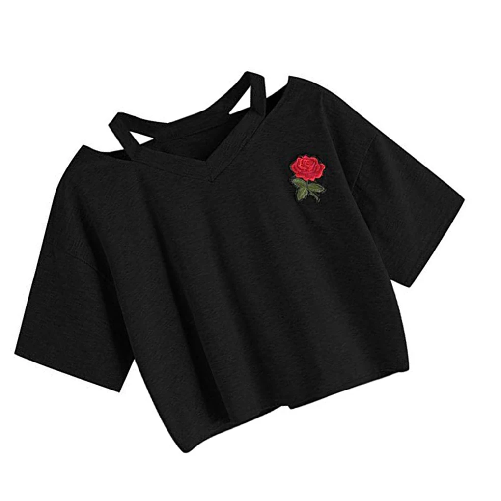 Camicetta da donna sexy con scollo a V ricamato rosa corta da donna