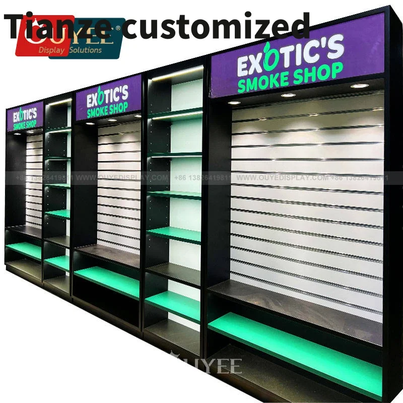 

Customized-supplier wooden counter LED lighting store showcase glass smoke shop smoke retail shop display