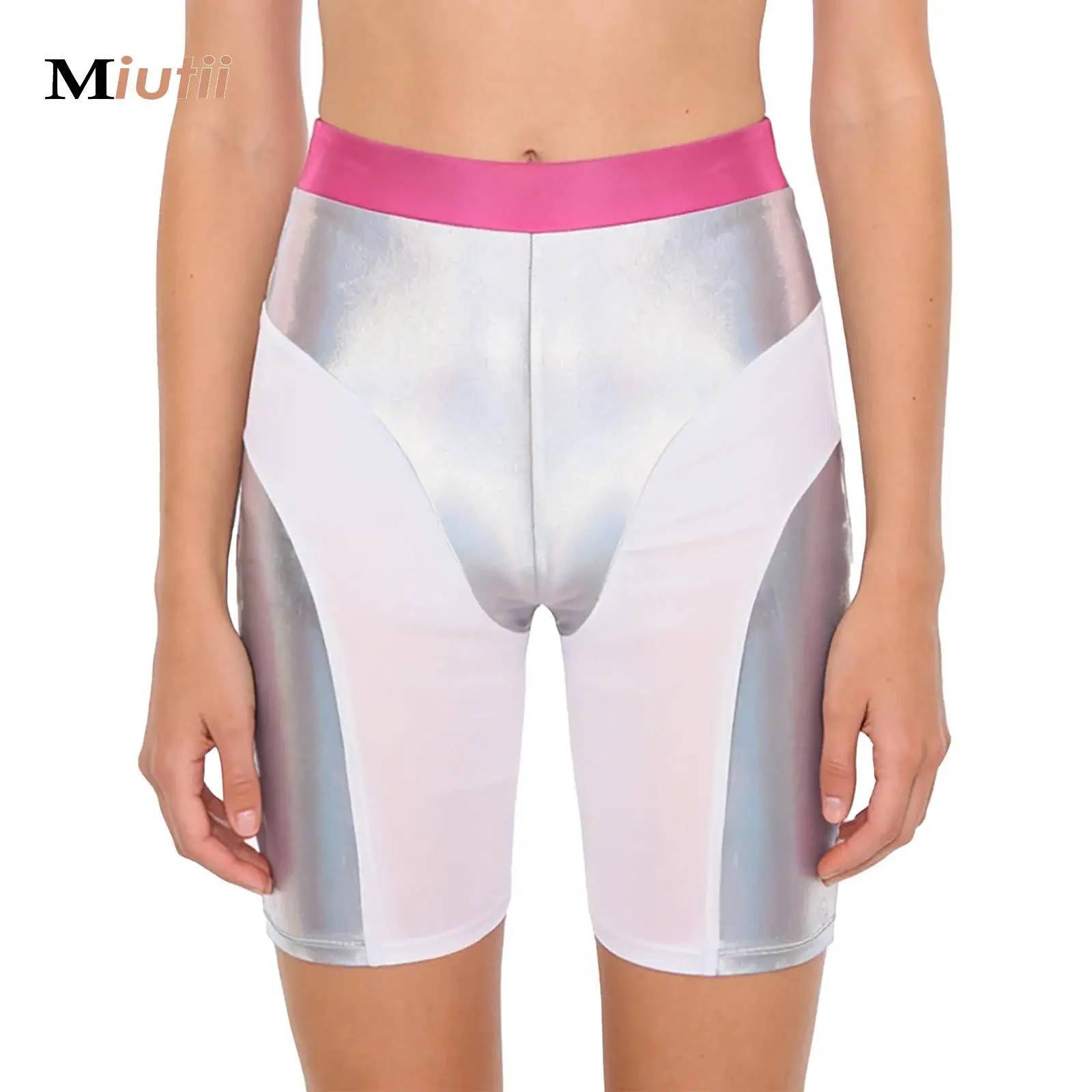 

Shiny Metallic Half Length Pants Tights Elastic Yoga Gym Athletic Running Trunks Trousers Fitness Legging for Yoga Workout